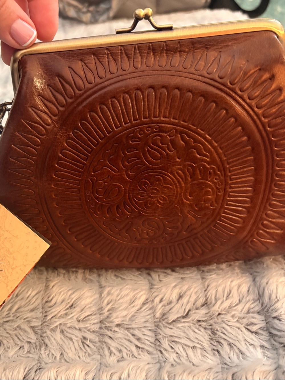 Patricia Nash NWT Embossed Brown Leather Kiss-Lock Women's Clutch Bag